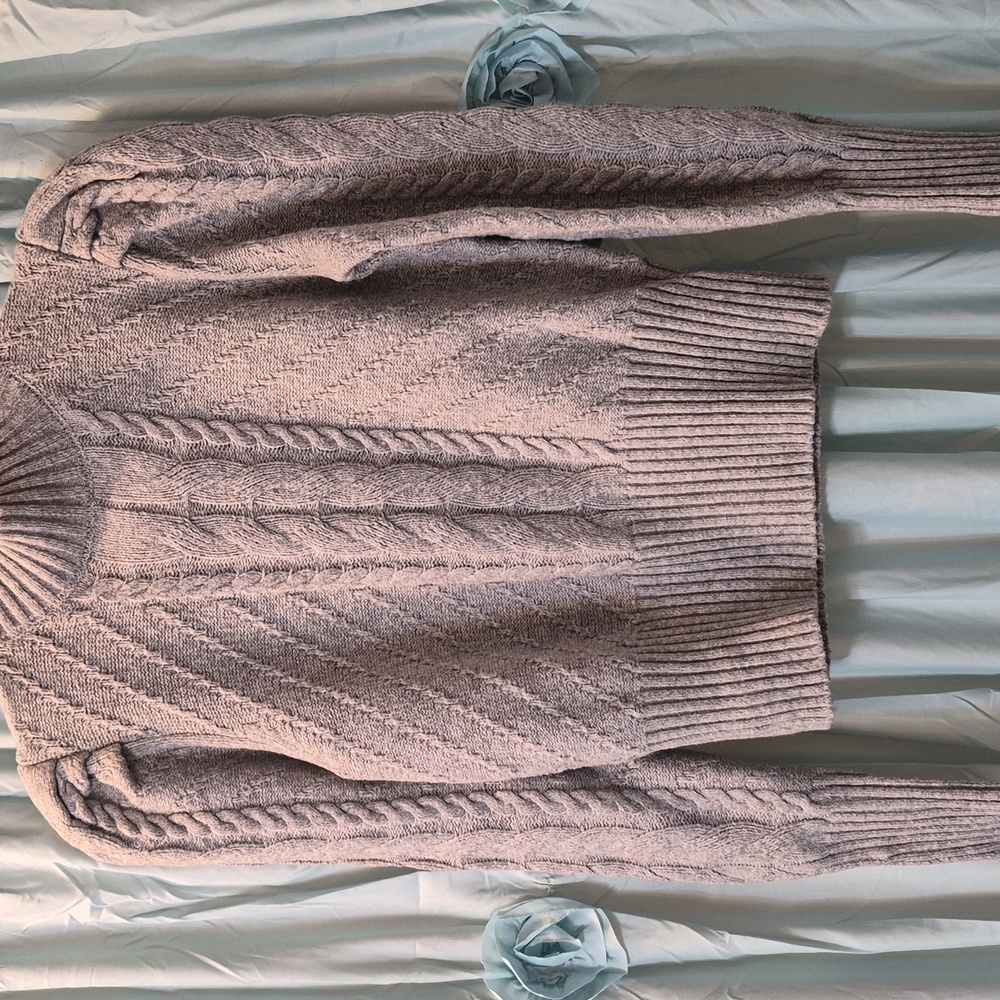 Ann Taylor LOFT  Puff Sleeve cropped Cable knit Retro Grey Sweater Sz M